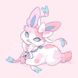  :3 animal_focus bell blue_collar blue_eyes bow bright_pupils calico_(pattern) closed_mouth collar commentary_request fang full_body highres jingle_bell looking_at_viewer lovewolf5122 lying neck_bell no_humans pink_background pink_fur pokemon pokemon_(creature) pokemon_focus ribbon simple_background solo sylveon two-tone_fur white_fur white_pupils 