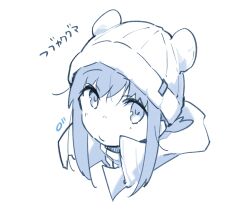  1girl alternate_costume beanie blush coat commentary_request fubuki_(kancolle) hair_between_eyes hat highres hood hood_down hooded_coat kantai_collection looking_at_viewer low_ponytail ma_rukan medium_hair monochrome ponytail portrait sidelocks sign simple_background smile solo translation_request white_background white_hat winter_clothes 