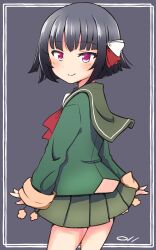  1girl black_background black_hair blush bow commentary_request green_jacket green_skirt highres ishigaki_(kancolle) jacket kantai_collection long_sleeves ma_rukan pleated_skirt pom_pom_(clothes) red_eyes ribbon sailor_collar short_hair signature simple_background skirt smile solo 