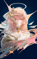  1girl 404_xuwu_fanmai_ji absurdres ambience_synesthesia arknights bare_shoulders blue_background chinese_commentary closed_mouth commentary_request detached_wings disembodied_hand facial_mark gold_collar gold_trim halo highres lemuen_(arknights) lemuen_(requiem_vesperis)_(arknights) long_hair looking_at_viewer mark_under_eye official_alternate_costume pink_eyes pink_hair see-through_clothes see-through_veil smile solo sparkle star_pendant teardrop_facial_mark traditional_halo upper_body veil white_veil wings 