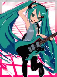  1girl 3d absurdres animasa_model_(mikumikudance) aqua_eyes aqua_hair aqua_necktie black_boots black_sleeves boots cel_rendering commentary cowboy_shot detached_sleeves english_commentary grey_shirt guitar hair_between_eyes hair_ornament hand_up hatsune_miku headset highres holding holding_guitar holding_instrument instrument kio_(majin_kz) long_hair looking_at_viewer necktie open_mouth shirt skirt sleeveless sleeveless_shirt smile solo spring_onion standing standing_on_one_leg thigh_boots twintails very_long_hair vocaloid 