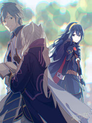  1boy 2girls age_nasuo black_robe blue_cape blue_eyes blue_gloves blue_hair book cape chrom_(fire_emblem) commentary_request father_and_child father_and_daughter female_robin_(fire_emblem) fingerless_gloves fire_emblem fire_emblem_awakening from_side gloves hair_between_eyes highres holding holding_book hooded_robe long_hair long_sleeves looking_at_another looking_to_the_side lucina_(fire_emblem) multiple_girls outdoors parent_and_child robe short_hair tiara twintails walking white_hair white_wrist_cuffs wrist_cuffs 