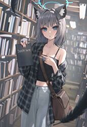  1girl animal_ear_fluff animal_ears apple bag blue_archive blue_eyes blue_halo book breasts brown_bag buttons camisole collared_shirt commentary death_note death_note_(object) food fruit hair_ornament halo highres holding holding_book indoors library midriff navel open_clothes open_shirt plaid_clothes plaid_shirt pointing pointing_at_object shiroko_(blue_archive) shirt shoulder_bag single_bare_shoulder small_breasts solo spaghetti_strap standing suumon x_hair_ornament 
