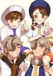  1girl 3boys aadakouda absurdres alternate_color arven_(pokemon) brown_eyes brown_hair carrying closed_eyes dual_persona florian_(pokemon) hair_over_one_eye highres juliana_(pokemon) kneehighs looking_at_viewer multiple_boys nacli naranja_academy_school_uniform necktie one_eye_closed piggyback pokemon pokemon_(creature) pokemon_masters_ex pokemon_scarlet_and_violet purple_necktie school_uniform socks thumbs_up uva_academy_school_uniform v yellow_necktie 
