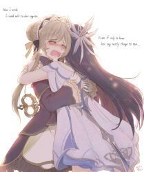  2girls artist_name bare_shoulders black_bow black_dress black_hair black_sleeves bonnet bow braid brown_hair bun_with_braided_base colored_inner_hair columbina_(genshin_impact) commentary cowboy_shot crying dated detached_sleeves dress english_text frilled_sleeves frills genshin_impact hair_bow hair_bun hair_ornament headdress hug long_hair long_sleeves multicolored_hair multiple_girls multiple_wings open_mouth purple_hair sandrone_(genshin_impact) short_hair_with_long_locks simple_background tears very_long_hair white_background white_dress white_headdress white_wings wide_sleeves winding_key wing_hair_ornament wings yamamoto_arifred yellow_bow 