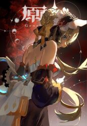  1girl bare_shoulders black_collar black_sleeves blue_eyes bonnet bow braid breasts brown_hair bun_with_braided_base closed_mouth collar detached_sleeves dress english_commentary fuyuhoshi27 genshin_impact gloves hair_bow hair_bun headdress highres logo long_sidelocks long_sleeves looking_at_viewer looking_back sandrone_(genshin_impact) short_hair_with_long_locks sidelocks winding_key 