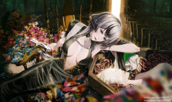  1girl bed_of_roses black_dress black_hair breasts chair clothing_cutout coffin corpse covered_eyes cross cross_necklace dress finger_on_trigger green_eyes grey_hair gun handgun heterochromia highres holding holding_gun holding_weapon in_coffin jewelry large_breasts leaning linea_alba long_hair navel necklace necklace_between_breasts nun oak_casket_(path_to_nowhere) path_to_nowhere pew pixiv_username purple_lips rocking_chair shawl sofos99 stomach_cutout twitter_username violet_eyes weapon white_shawl 