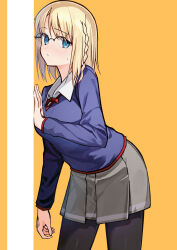  1girl absurdres black_pantyhose blonde_hair blue_eyes blue_sweater braid breasts collared_shirt cowboy_shot fate/strange_fake fate_(series) glasses grey_skirt highres kuki1628 long_sleeves looking_at_viewer looking_to_the_side medium_breasts medium_hair miniskirt neck_ribbon pantyhose red_ribbon ribbon sajou_ayaka_(fate/strange_fake) shirt skirt solo sweater white_shirt yellow_background 