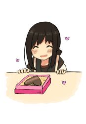  1girl apron black_hair black_sailor_collar box candy chocolate closed_eyes commentary_request food fubuki_(kancolle) fubuki_kai_ni_(kancolle) heart heart-shaped_chocolate heart-shaped_food highres kantai_collection low_ponytail ma_rukan medium_hair open_mouth pink_apron ponytail sailor_collar school_uniform serafuku short_ponytail sidelocks simple_background smile solo table upper_body white_background 