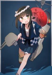  1girl absurdres black_hair blush breasts chest_sarashi collarbone commentary fubuki_(kancolle) green_eyes hachimaki headband highres japanese_clothes kantai_collection lantern looking_at_viewer ma_rukan nejiri_hachimaki open_mouth paper_lantern ponytail rigging sarashi ship_turret short_hair short_ponytail short_sleeves signature small_breasts smile smokestack solo 