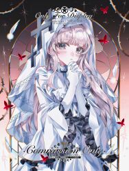  1girl absurdres blonde_hair bug butterfly chinese_commentary commentary_request commission cowboy_shot cross cross_earrings dress earrings frilled_dress frills gloves gradient_background hands_up highres hikami_meruru interlocked_fingers jewelry long_hair long_sleeves looking_at_viewer mahou_shoujo_no_majo_saiban own_hands_together parted_lips red_butterfly sample_watermark solo standing veil watermark weizhishu_vicky white_dress white_gloves white_veil 