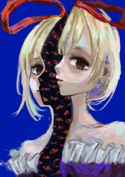  1girl blonde_hair blue_background brown_eyes commentary dress expressionless frills gap_(touhou) hair_between_eyes highres horror_(theme) looking_at_viewer off-shoulder_dress off_shoulder omaega_chan purple_dress ribbon solo touhou yakumo_yukari 