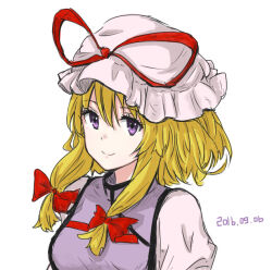  1girl 2016 blonde_hair bow closed_mouth dated dress hair_bow hat hat_ribbon kashiwada_kiiho medium_hair mob_cap purple_tabard red_bow red_ribbon ribbon simple_background smile solo tabard touhou twintails violet_eyes white_background white_dress white_hat yakumo_yukari 