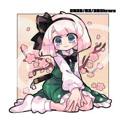  1girl black_bow black_bowtie bob_cut bow bowtie cherry_blossoms flower full_body green_vest harunori_(hrnrx) highres kneeling konpaku_youmu looking_at_viewer pink_flower shirt socks solo touhou vest white_shirt white_socks 