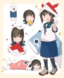  1girl 1other absurdres afterimage black_hair black_socks blue_sailor_collar blue_skirt blush children's_day closed_mouth commentary_request fubuki_(kancolle) green_eyes hair_between_eyes highres kantai_collection kodomo_no_hi koinobori looking_at_viewer ma_rukan multiple_views open_mouth paper_hat paper_kabuto pleated_skirt ponytail sailor_collar school_uniform serafuku short_hair short_ponytail short_sleeves signature skirt smile socks v windsock 