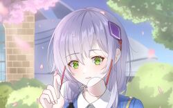  1girl blush cherry_blossoms commentary falling_petals gen_(pixiv_108246945) glasses green_eyes grey_hair hair_ornament hair_tie heaven_burns_red highres izumi_yuki long_hair looking_at_viewer petals pink_petals smile untranslatable_commentary unworn_eyewear upper_body 