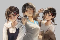  1girl absurdres black_dress brown_eyes brown_hair brown_jacket chainsaw_man dress grey_background hair_ornament hairclip higashiyama_kobeni highres idaero_ace jacket long_sleeves looking_at_viewer mole mole_under_eye mole_under_mouth multiple_moles multiple_views ponytail shirt short_ponytail simple_background single_sidelock v white_shirt 
