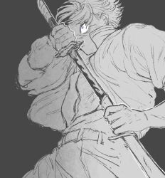 1boy belt chutohanpa_2509 closed_mouth commentary_request constricted_pupils cowboy_shot demon_slayer_uniform fingernails grey_background greyscale hand_up high_collar highres holding holding_sword holding_weapon jacket katana kimetsu_no_yaiba male_focus monochrome open_clothes open_jacket pants sheath shinazugawa_sanemi short_hair simple_background solo spiky_hair spot_color sword unsheathing violet_eyes weapon 