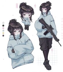  1girl artist_name assault_rifle black_eyes black_gloves black_hair black_pantyhose black_shoes black_shorts blue_jacket blush chibi chibi_inset color_guide commission english_commentary full_body gloves gun hair_bun highres holding holding_gun holding_weapon hood hooded_jacket jacket leaning_to_the_side looking_at_viewer multiple_views original pantyhose pufioli rifle scope shoes shorts single_hair_bun sparkle upper_body weapon white_background 