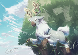  animal_focus clouds day highres jumping no_humans outdoors pokemon pokemon_(creature) pokemon_focus solo tanpakuroom tree wyrdeer 