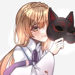  1girl blunt_bangs blunt_ends blush braid brown_hair closed_mouth crown_braid fox_mask hair_over_shoulder heaven_burns_red highres holding holding_mask japanese_clothes kimono kiryuu_miya long_hair long_sleeves looking_at_viewer mask mole mole_under_eye neck_ribbon one_eye_covered open_clothes open_kimono purple_ribbon red_eyes ribbon shirt sidelocks simple_background siromochino smile solo upper_body white_background white_kimono white_shirt wide_sleeves 