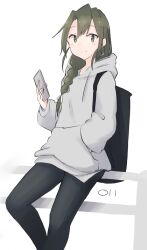  1girl absurdres alternate_costume alternate_hairstyle black_pantyhose blush braid cellphone closed_mouth commentary green_eyes green_hair grey_hoodie hair_between_eyes hand_in_pocket highres holding holding_phone hood hoodie kantai_collection long_hair long_sleeves ma_rukan pantyhose phone signature simple_background single_braid smartphone smile solo white_background zuikaku_(kancolle) 