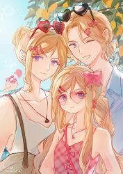  2girls absurdres animal_on_shoulder axis_powers_hetalia bird bird_on_shoulder blonde_hair blue_sky branch chinese_commentary commentary_request cubed_(houkuaid) day eyewear_on_head facial_hair food france_(female)_(hetalia) france_(hetalia) fruit goatee_stubble hair_bun hair_ornament hairclip heart heart-shaped_eyewear highres jewelry lemon long_hair monaco_(hetalia) multiple_girls necklace one_eye_closed outdoors ponytail shirt short_hair single_hair_bun sky smile stubble sunglasses updo violet_eyes 