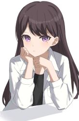  1girl absurdres bang_dream! bang_dream!_it's_mygo!!!!! black_hair black_shirt commentary highres long_hair merlin_(mer71n) mole mole_under_eye shiina_taki shirt simple_background sitting solo table violet_eyes white_background white_shirt 