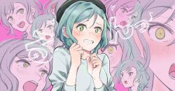  1girl aqua_hair bang_dream! beret blue_shirt blush braid clenched_hands dotted_background green_eyes hat heart heart-shaped_eyes highres hikawa_hina looking_at_viewer multiple_views musical_note open_mouth shirt twin_braids xin_(blueramen) 
