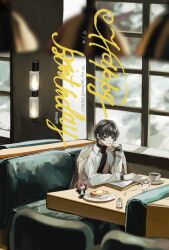  1boy 1girl arms_on_table artist_name black_eyes black_hair black_sweater book brown_hair chibi coat collared_shirt commentary_request dated english_text food fork french_toast fruit glass grey_pants hand_on_own_face highres holding holding_fork jacket lemon lemon_slice long_sleeves medium_hair mege_(megechan) original pants restaurant shirt short_hair smile suit suit_jacket sweater teeth turtleneck turtleneck_sweater white_shirt white_suit window 