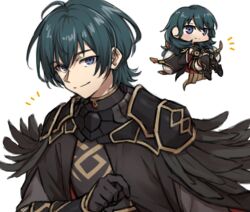  1boy 1girl armor black_armor black_cape black_gloves black_wings blue_eyes cape chibi closed_mouth commentary_request dual_persona feathered_wings female_byleth_(fire_emblem) female_byleth_(resplendent)_(fire_emblem) fire_emblem fire_emblem:_three_houses fire_emblem_heroes gloves long_sleeves looking_at_viewer male_byleth_(fire_emblem) male_byleth_(resplendent)_(fire_emblem) male_focus medium_hair notice_lines shirt short_hair simple_background smile solo_focus wings zuzu_(ywpd8853) 