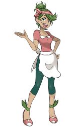  1girl :d aged_up apron bandana breasts capri_pants commentary dark-skinned_female dark_skin english_commentary full_body green_eyes green_hair hair_bun hand_on_own_hip highres krwawnik mallow_(pokemon) medium_breasts nintendo open_mouth pants pokemon pokemon_sun_and_moon shirt shoes short_hair short_sleeves single_hair_bun smile solo white_background 