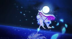  1girl bare_legs barefoot black_hair blue_flower closed_eyes closed_mouth columbina_(genshin_impact) commentary dress eye_mask flower full_body genshin_impact hair_ornament hair_ribbon head_wings highres long_hair long_sleeves luoying_0416 mask moon multicolored_hair multiple_wings night purple_hair purple_streaks ribbon solo streaked_hair untranslatable_commentary very_long_hair white_dress white_wings wing_hair_ornament wings x-shaped_eyewear 