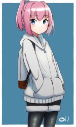  1girl absurdres alternate_costume artist_logo black_pantyhose black_shorts blue_background blue_eyes border commentary_request cowboy_shot grey_jacket hands_in_pockets highres hood hooded_jacket hoodie jacket kantai_collection logo ma_rukan pantyhose pink_hair ponytail shiranui_(autumn)_(kancolle) shiranui_(kancolle) short_ponytail shorts solo standing white_border 