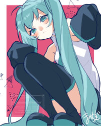  1girl absurdres aqua_eyes aqua_hair aqua_necktie bare_shoulders black_boots boots commentary convenient_leg detached_sleeves hatsune_miku highres long_hair looking_at_viewer mai_mugi necktie shirt signature sleeveless sleeveless_shirt sleeves_past_fingers sleeves_past_wrists solo squatting thigh_boots twintails untranslatable_commentary vocaloid white_shirt 