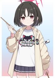  1girl absurdres black_skirt blue_archive blue_background border brown_hair commentary cosplay cowboy_shot drumsticks expressionless gradient_background halo highres holding holding_drumsticks jacket long_sleeves looking_at_viewer misaki_(blue_archive) natsu_(band)_(blue_archive) natsu_(blue_archive) natsu_(blue_archive)_(cosplay) no_bandages open_clothes open_jacket orange_background outside_border pleated_skirt print_shirt red_eyes red_halo shirt short_hair skirt solo white_border white_shirt wristband yellow_jacket zddma20 