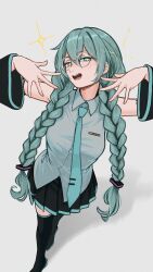  1girl absurdres aqua_eyes aqua_hair aqua_necktie banken bespectacled black_boots black_skirt boots braid commentary detached_sleeves glasses grey_shirt hatsune_miku highres long_hair necktie open_mouth pleated_skirt shadow shirt shoulder_tattoo skirt solo sparkle sparkling_aura tattoo teeth twin_braids upper_teeth_only vocaloid 