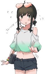  1girl alternate_costume artist_logo bag black_eyes black_hair black_shorts bracelet casual commentary_request cutoffs eyewear_on_head fubuki_(kancolle) green_shirt heart heart-shaped_eyewear highres jewelry kantai_collection logo low_ponytail ma_rukan medium_hair navel ponytail red-tinted_eyewear shirt short_ponytail shorts sidelocks simple_background solo sunglasses tinted_eyewear v white_background 