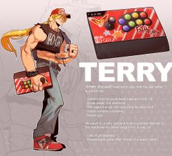 1boy abs alternate_costume arcade_stick backpack bag baseball_cap belt blonde_hair box box_of_chocolates bracelet character_name character_profile controller crop_top denim english_text fatal_fury game_controller hair_over_eyes hat highres jeans jewelry joystick long_hair male_focus midriff muscular muscular_male necklace pants ponytail renatoramos_ink shirt shoes smile sneakers solo terry_bogard zoom_layer 