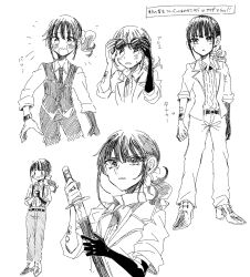  1girl adjusting_eyewear blush collared_shirt commentary_request cropped_torso elbow_gloves eyewear_on_head gloves highres holding holding_sword holding_weapon itomugi-kun jacket long_sleeves multiple_views nekoyashiki_mayu open_clothes open_jacket open_mouth pants precure sheath shirt shoes short_hair sidelocks simple_background single_glove standing sunglasses sword translation_request unsheathing weapon white_background wonderful_precure! 