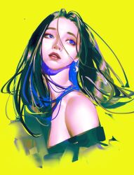 1girl acidwave_0240 aespa black_hair blue_eyes commentary earrings eyeshadow highres jewelry k-pop karina_(aespa) long_hair looking_to_the_side makeup mole parted_lips real_life red_eyeshadow red_lips simple_background single_bare_shoulder solo untranslatable_commentary yellow_background 