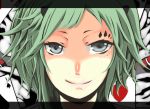  absurdres close face_paint female green_hair grey_eyes gumi hearts highres horns playing_cards poker_face_(vocaloid) short_hair smile vocaloid 