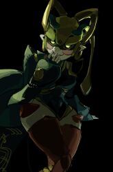  1girl absurdres antsinsipid black_background black_sclera colored_sclera commentary covering_own_mouth earrings english_commentary glowing glowing_eyes gold_earrings green_eyes green_pupils highres humanoid_robot jewelry joints looking_at_viewer mechanical_ears metal_hair metal_skin robot robot_girl robot_joints thighs vesper_(zenless_zone_zero) zenless_zone_zero 