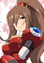  1girl amanomurakumo android arms_under_breasts blush breasts brown_hair closed_mouth commentary_request green_eyes hair_between_eyes high_ponytail highres iris_(mega_man) iris_-another-_(mega_man) joints large_breasts long_hair looking_at_viewer mega_man_(series) mega_man_x_(series) mega_man_x_dive military military_uniform ponytail robot_girl robot_joints shoulder_jewel smile smug solo very_long_hair 