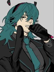  1boy beard_stubble black_coat black_eyes blue_hair blue_necktie coat collared_shirt commentary_request facial_hair genderswap genderswap_(ftm) goatee_stubble grey_shirt hand_up hatsune_miku headset highres holding holding_microphone kkikki_kiki korean_commentary long_hair looking_at_viewer male_focus mature_male microphone miku-oji necktie pointing pointing_at_viewer portrait shirt simple_background solo stubble vocaloid white_background 