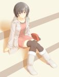  1girl amagami black_eyes black_hair boots jacket nanasaki_ai sasaki_akira_(ugc) short_hair sitting smile solo thigh-highs thighhighs 