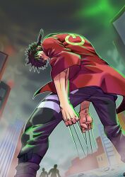  3boys black_eyes black_hair black_pants building city commentary_request dimension_w dynamic_pose holding holding_weapon hunched_over japanese_clothes looking_at_viewer looking_back low_ponytail mabuchi_kyoma male_focus matsu_takeshi_(takeko1) multiple_boys pants ponytail power_symbol power_symbol_print red_robe robe scar scar_on_face weapon 