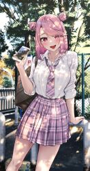  1girl absurdres arm_at_side arm_support bag black_bag blush breast_pocket cellphone chain-link_fence collared_shirt commentary_request day double_bun eyebrows_hidden_by_hair feet_out_of_frame fence hair_bun hand_up highres holding holding_phone iphone kamagaya_momoka kamikakushi_no_eden looking_at_viewer loose_necktie necktie open_mouth outdoors parted_bangs phone pink_eyes pink_hair plaid_clothes plaid_necktie plaid_skirt pleated_skirt pocket purple_necktie purple_skirt raised_inner_eyebrows sahara386 school_bag school_uniform shade shirt shirt_tucked_in shoulder_bag skirt sleeves_rolled_up smartphone smile solo standing tree tree_shade white_shirt wing_collar 