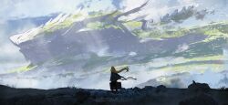  1girl absurdres artist_name asteroid_ill bird blonde_hair character_request commentary_request day dragon facing_away grass highres light_rays original outdoors scenery suitcase sunbeam sunlight walking watermark 