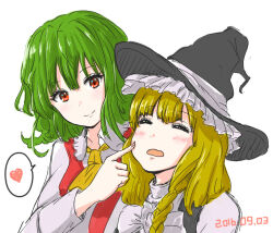  2016 2girls alternate_neckwear ascot black_hat black_vest blonde_hair blush bow bowtie braid closed_eyes closed_mouth dated finger_to_another's_cheek frilled_hat frilled_shirt_collar frills green_hair hat heart kashiwada_kiiho kazami_yuuka kirisame_marisa long_hair long_sleeves medium_hair multiple_girls open_clothes open_mouth open_vest red_eyes red_vest shirt single_braid smile spoken_heart touhou vest white_bow white_bowtie white_shirt witch_hat yellow_ascot 